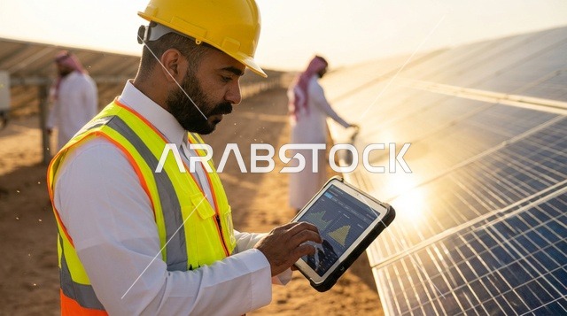 مهندس عربي يستخدم جهاز لوحي في محطة طاقة شمسية