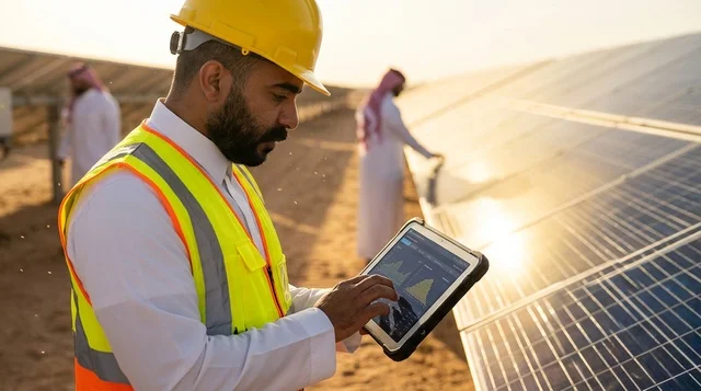 مهندس عربي يستخدم جهاز لوحي في محطة طاقة شمسية