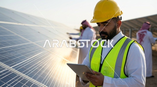 مهندس سعودي يستخدم تابلت في محطة الواح الطاقة الشمسية
