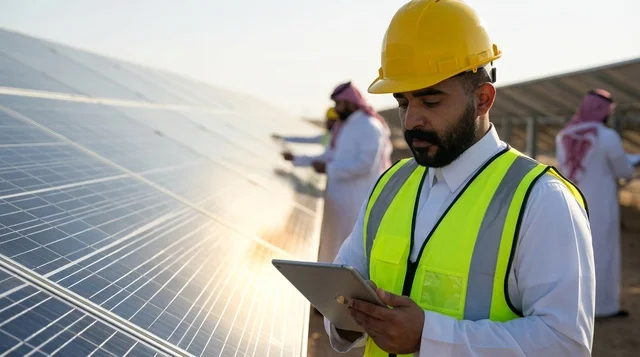 مهندس سعودي يستخدم تابلت في محطة الواح الطاقة الشمسية