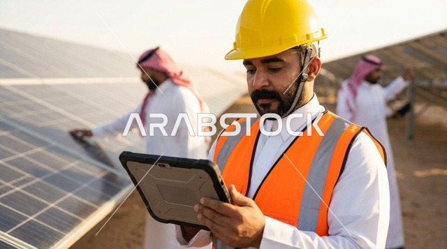 مهندس عربي يستخدم لوحي رقمي بمشروع الطاقة الشمسية