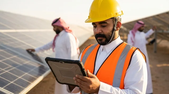 مهندس عربي يستخدم لوحي رقمي بمشروع الطاقة الشمسية