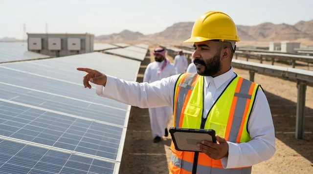 مهندس سعودي في حقل ألواح الطاقة الشمسية