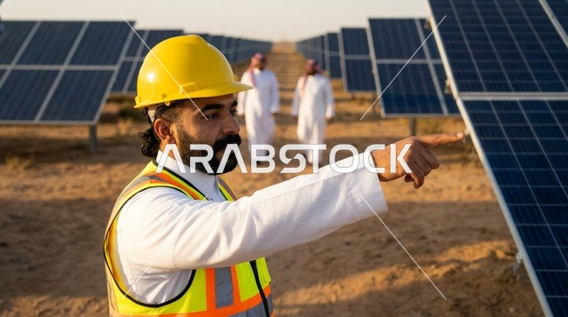 Arab Engineer Pointing at Desert Solar Panels Farm