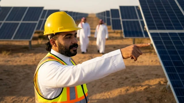 Arab Engineer Pointing at Desert Solar Panels Farm
