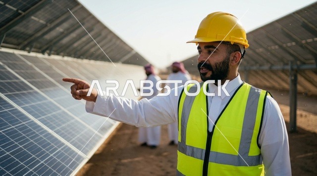 مهندس سعودي يشير إلى ألواح الطاقة الشمسية
