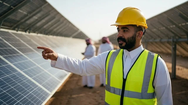 مهندس سعودي يشير إلى ألواح الطاقة الشمسية