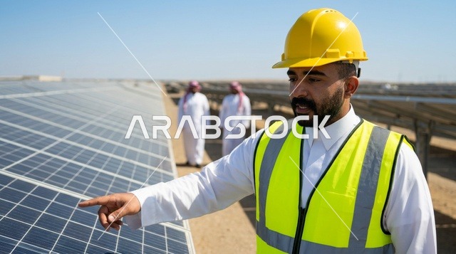 Saudi Engineer Explaining Solar Panels in Desert Farm