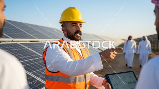 Arab Engineer Inspecting Solar Panels Farm Outdoors