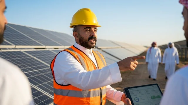 Arab Engineer Inspecting Solar Panels Farm Outdoors