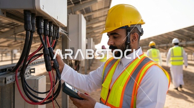 مهندس عربي يفحص التوصيلات الكهربائية لألواح الطاقة الشمسية