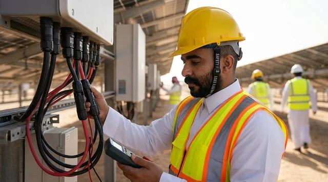 مهندس عربي يفحص التوصيلات الكهربائية لألواح الطاقة الشمسية