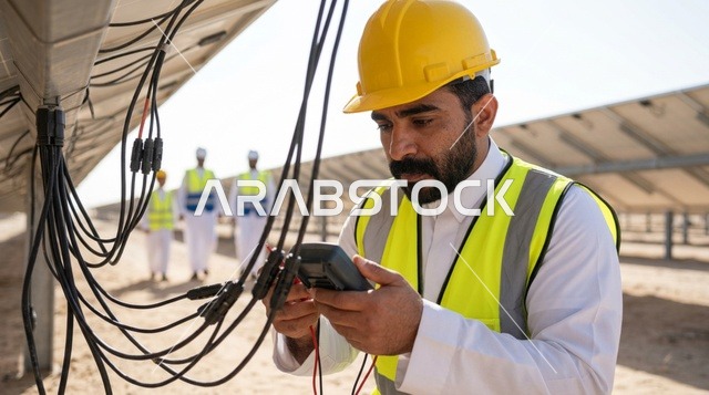 Saudi Engineer Inspecting Solar Panels at Power Plant