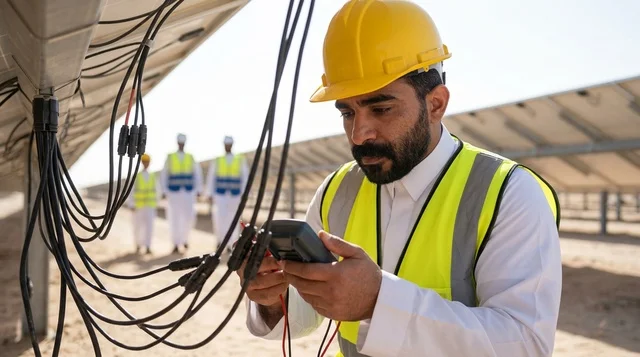 Saudi Engineer Inspecting Solar Panels at Power Plant