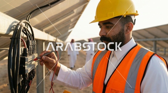 مهندس سعودي يفحص توصيلات ألواح الطاقة الشمسية بالمحطة
