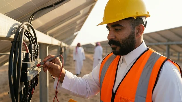 مهندس سعودي يفحص توصيلات ألواح الطاقة الشمسية بالمحطة