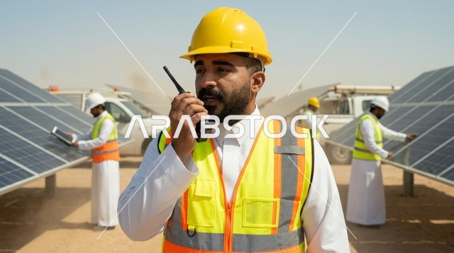 مهندس سعودي يتحدث عبر اللاسلكي في محطة طاقة شمسية