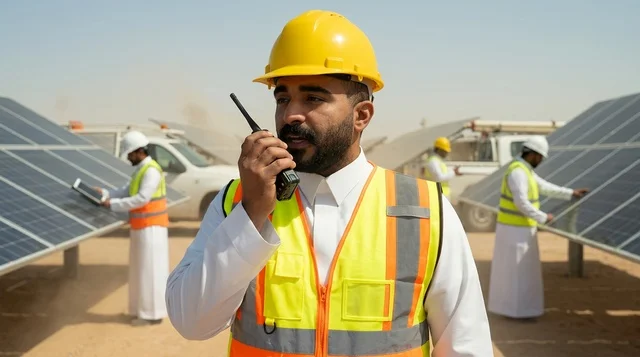 Saudi Engineer with Walkie Talkie at Solar Station