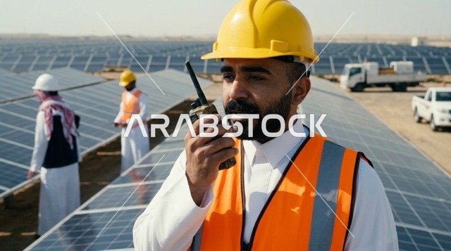 مهندس عربي يتحدث باللاسلكي في محطة الطاقة الشمسية