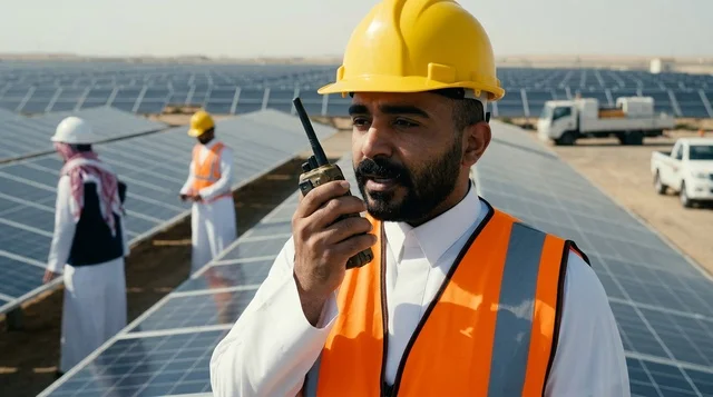 مهندس عربي يتحدث باللاسلكي في محطة الطاقة الشمسية
