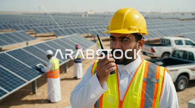 مهندس عربي في محطة الواح الطاقة الشمسية مع لاسلكي