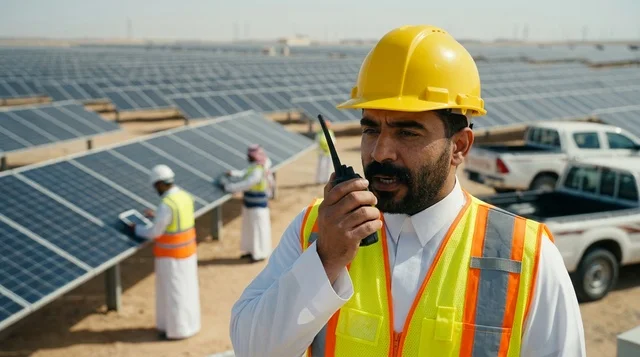 Arab Engineer at Solar Power Plant with Walkie Talkie