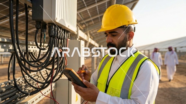 Saudi Engineer Inspecting Solar Panels and Green Energy