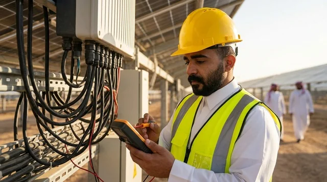 Saudi Engineer Inspecting Solar Panels and Green Energy