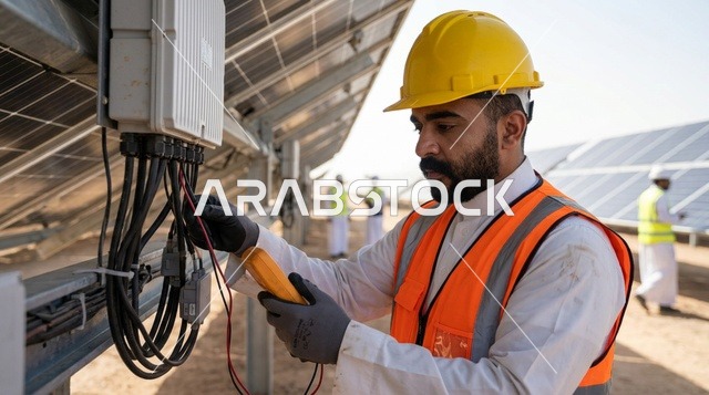 Arab Technician Testing Solar Panels in Saudi Arabia