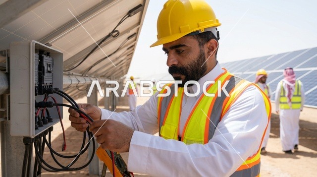 Saudi Engineer Inspecting Solar Panels Wiring Outdoor