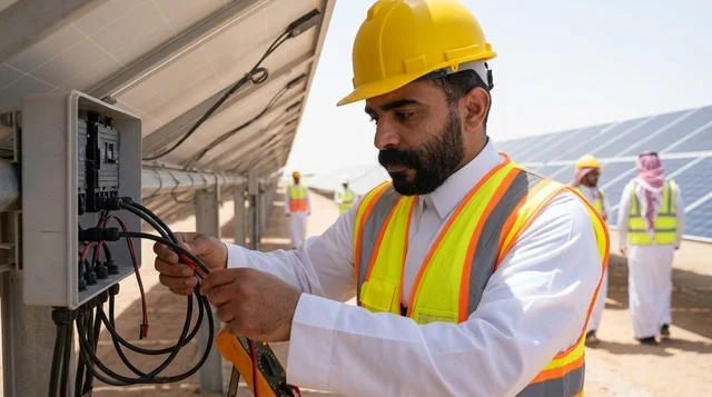 مهندس سعودي يفحص تمديدات ألواح الطاقة الشمسية