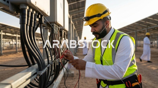 Saudi Engineer Inspecting Solar Panels at Worksite