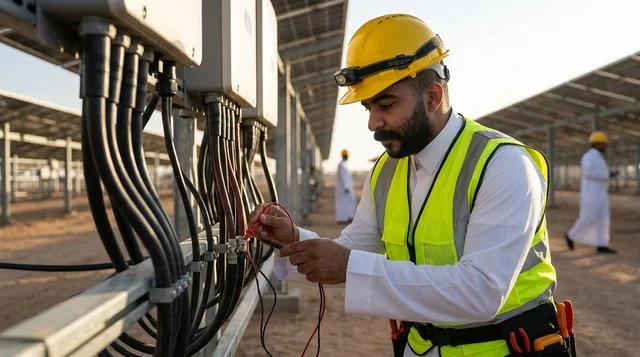 Saudi Engineer Inspecting Solar Panels at Worksite
