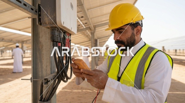 Saudi Engineer Inspecting Solar Panels with Multimeter