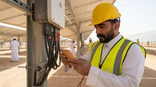 مهندس سعودي يفحص الواح الطاقة الشمسية بجهاز القياس