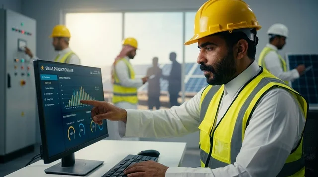 مهندس عربي يراقب بيانات إنتاج ألواح الطاقة الشمسية