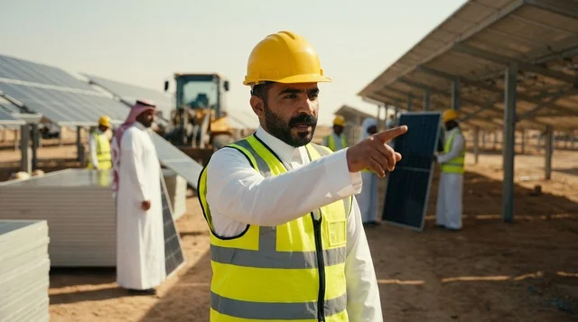 مهندس عربي في حقل ألواح الطاقة الشمسية في السعودية