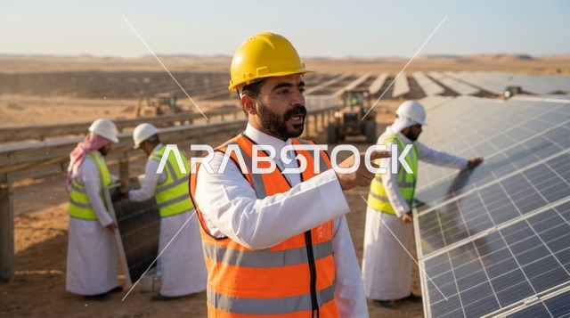 مهندسون وعمال عرب في محطة ألواح الطاقة الشمسية بالصحراء