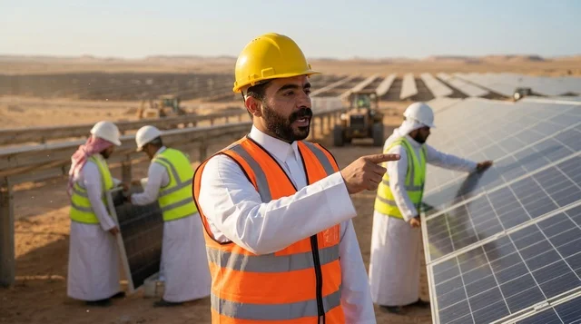 Saudi Engineers at Desert Solar Power Plant Station