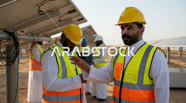 مهندسون سعوديون يتفقدون الواح الطاقة الشمسية