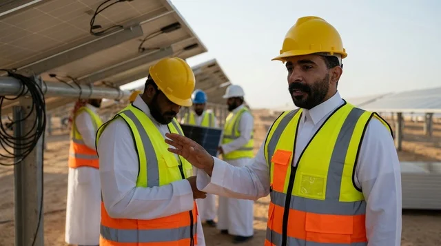 مهندسون سعوديون يتفقدون الواح الطاقة الشمسية