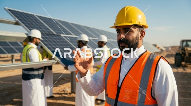 مهندس سعودي في محطة ألواح الطاقة الشمسية بالصحراء