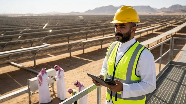 Saudi Engineer at Solar Energy Plant with Tablet