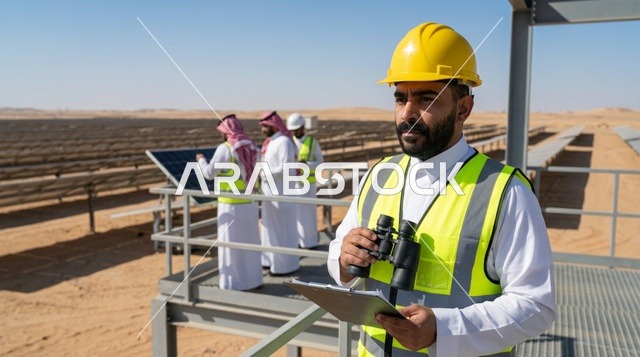 Arab Engineer Inspecting Solar Panels in Desert