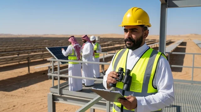 Arab Engineer Inspecting Solar Panels in Desert