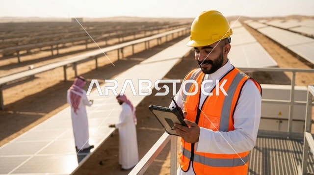 Saudi Engineer Inspecting Solar Panels With Tablet