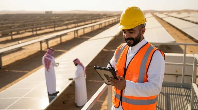 مهندس سعودي يتفقد ألواح الطاقة الشمسية باستخدام جهاز لوحي