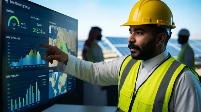 مهندس عربي يراقب شاشة بيانات ألواح الطاقة الشمسية