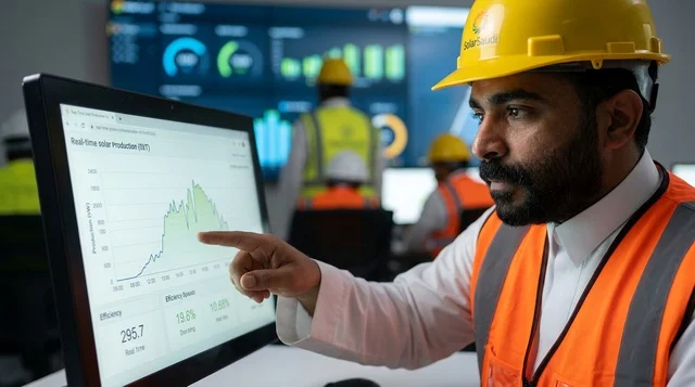 مهندس عربي يراقب بيانات الطاقة الشمسية بغرفة التحكم