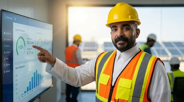 مهندس عربي يراقب بيانات إنتاج ألواح الطاقة الشمسية